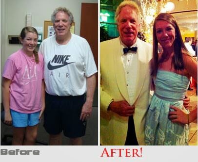 Side-by-side client photos showing a mature adult’s body-composition and lifestyle progress.
