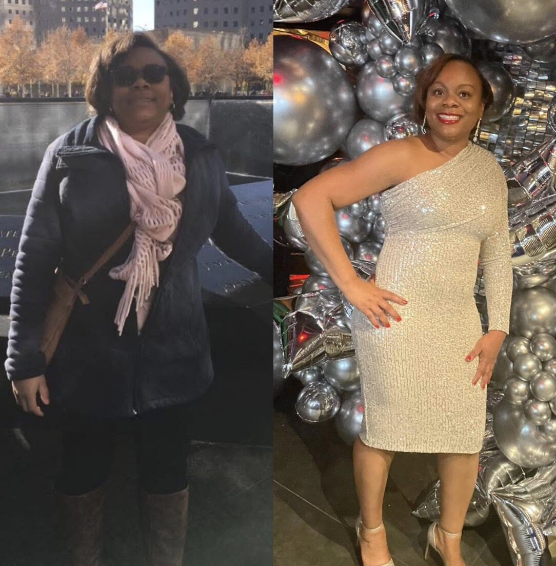 Side-by-side client photos showing a fitness and special-event transformation.