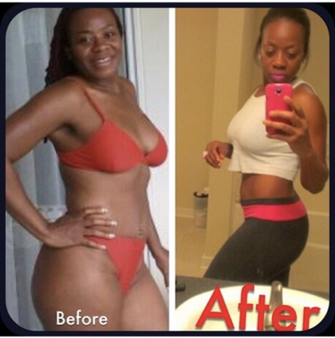 Side-by-side client photos showing visible weight-loss and waistline progress.